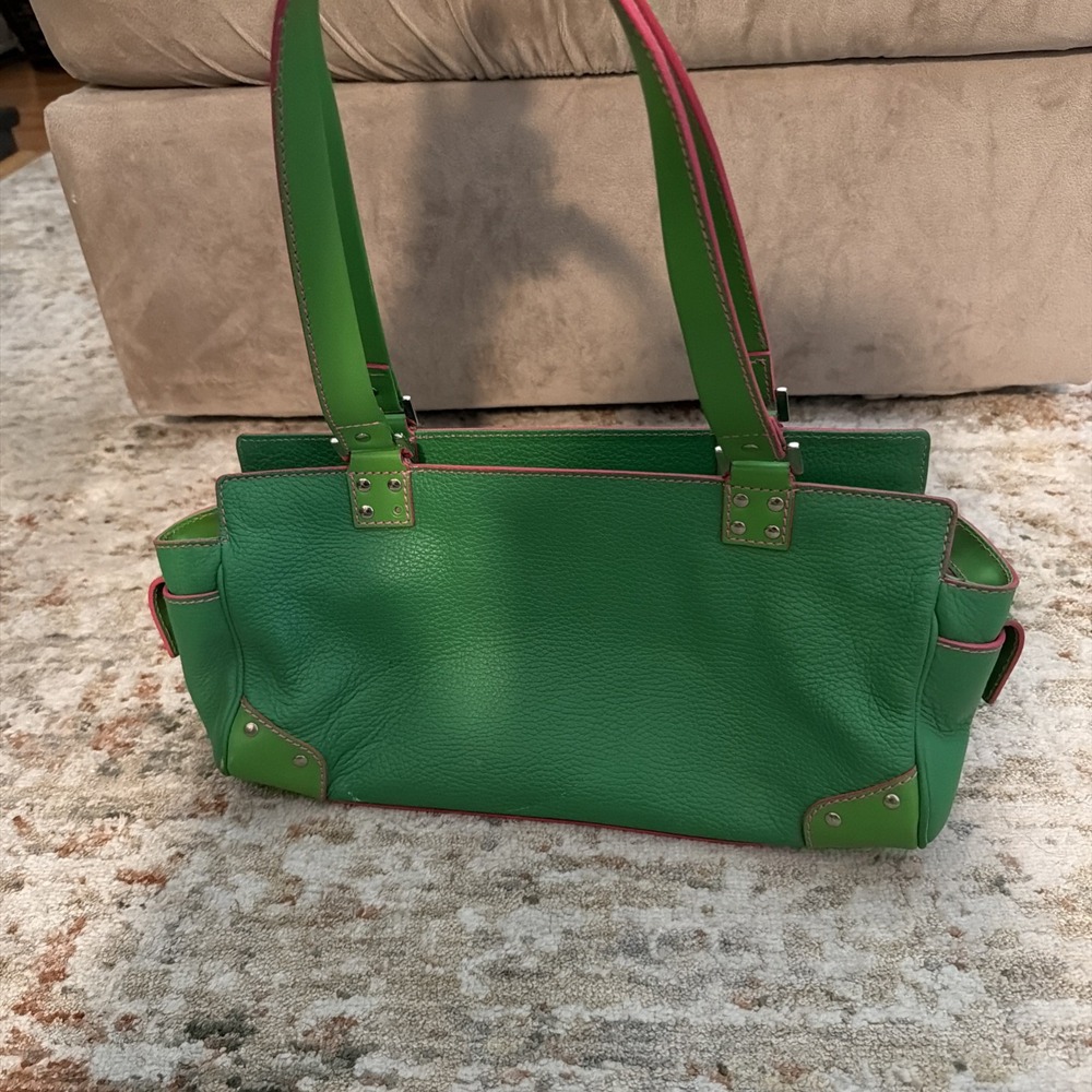 Vintage Lambertson Truex Leather Purse/Bag  - Lime Green with Pink Trim - Italy